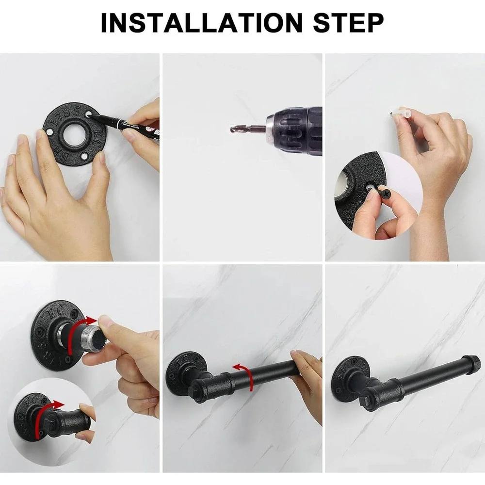 Industrial Black Iron Pipe Toilet Paper Holder Wall Mount Towel Rack Farmhouse